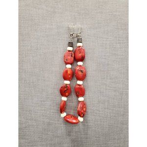 Vintage Red Coral and White Coral Necklace - silver toned clasp with "825" marki